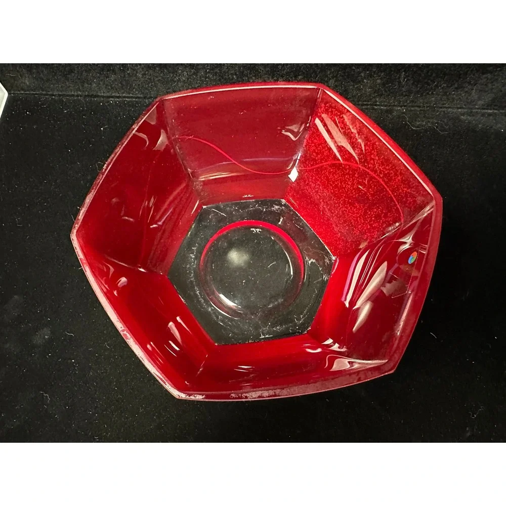 Vintage Ruby Red Woman Glass Hexagonal Bowl Frosted‎ Gold Speckled Decorative